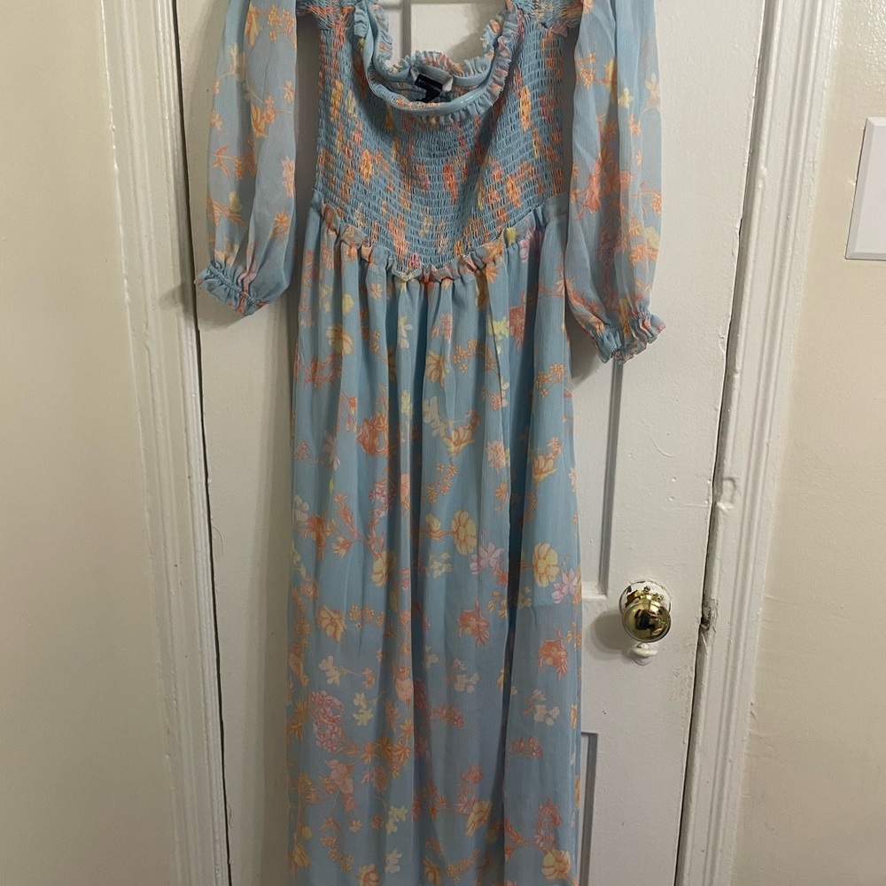 French Connection Light Blue and Peach Smocked Dress
